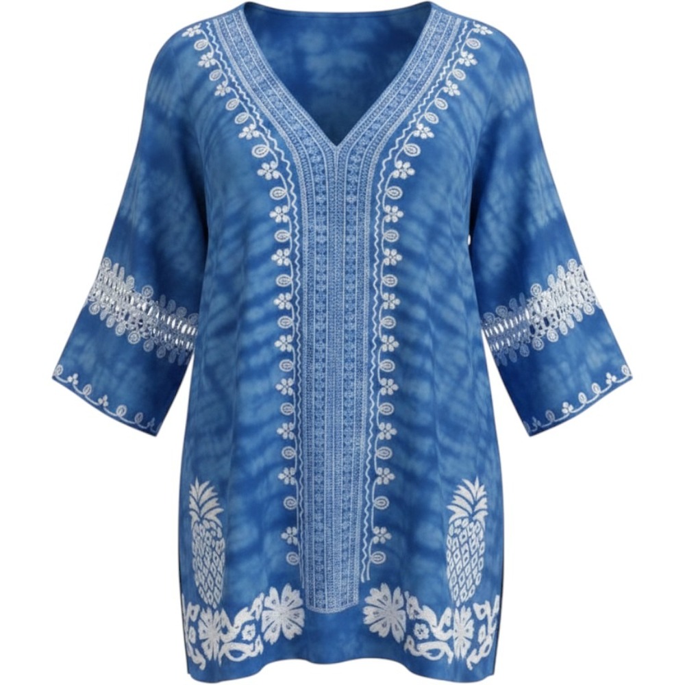 Shoreline Tunic Womens 2XL Tie Dye Pineapple Crochet Lace Boho Kaftan Coastal